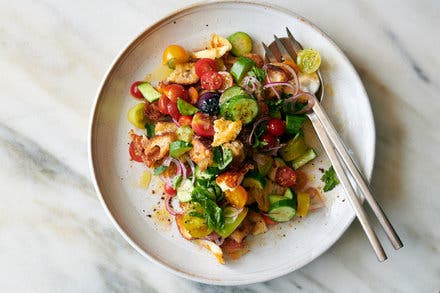 Cucumber-Tomato Salad With Seared Halloumi and Olive Oil Croutons