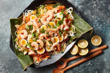 Pancit Palabok (Rice Noodles With Chicken Ragout and Shrimp)