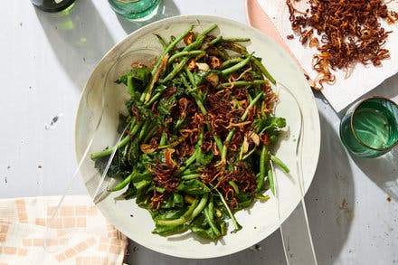 Green Beans and Greens With Fried Shallots