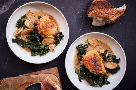 Cider-Braised Chicken Thighs With Apples and Greens