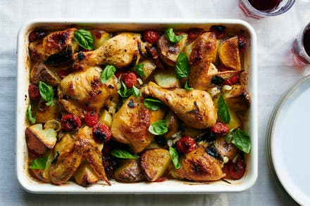 Baked Chicken With Potatoes, Cherry Tomatoes and Herbs