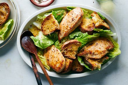 Spicy, Lemony Chicken Breasts With Croutons and Greens