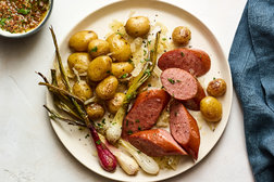 Image for Sheet-Pan Sausage With Spring Onions, Potatoes and Mustard