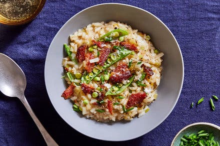 Leek Risotto With Sugar Snap Peas and Pancetta
