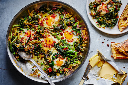 Image for Skillet Greens With Runny Eggs, Peas and Pancetta