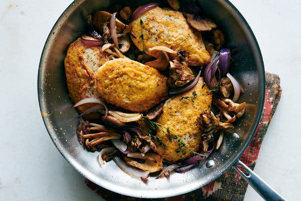 Crispy Frico Chicken Breasts With Mushrooms and Thyme