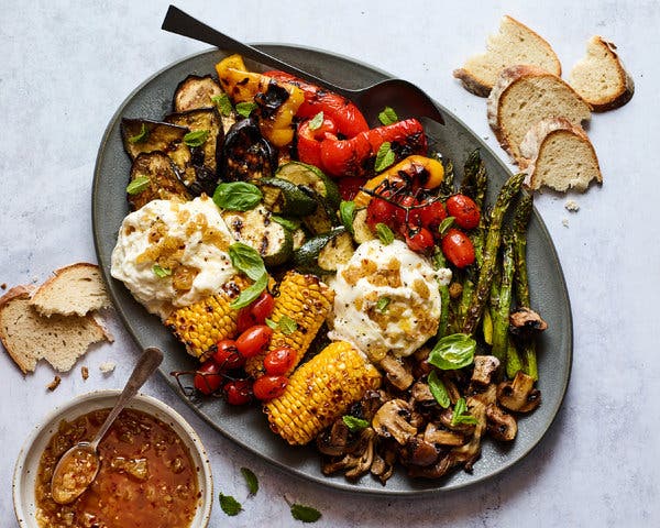Sweet-and-Spicy Grilled Vegetables With Burrata