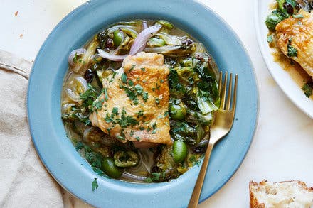 Braised Chicken Thighs With Greens and Olives