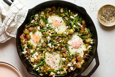 Asparagus-Potato Hash With Goat Cheese and Eggs