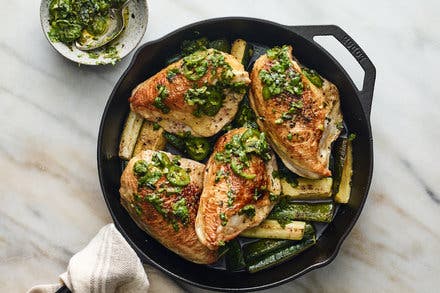 Skillet Chicken and Zucchini With Charred Scallion Salsa