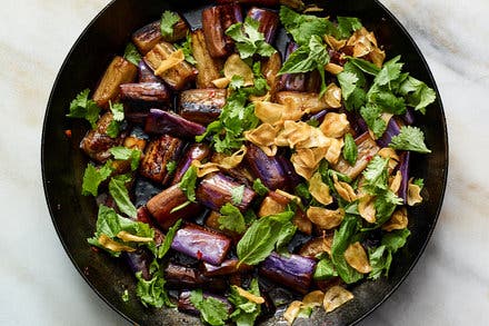 Sweet and Sour Eggplant With Garlic Chips