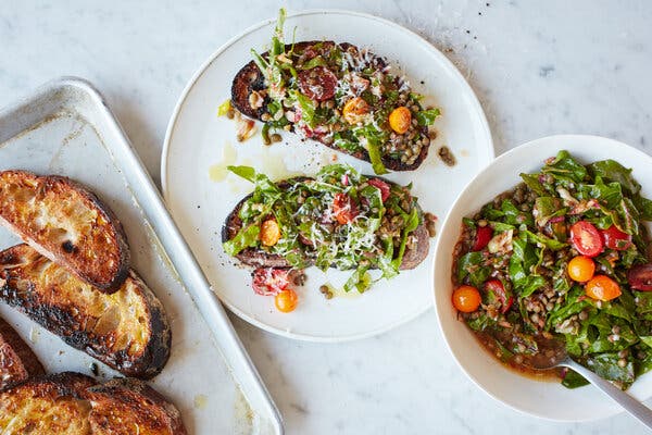 Tomato-Marinated Greens and Beans Toast