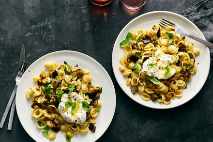 Image for Eggplant Caponata Pasta With Ricotta and Basil