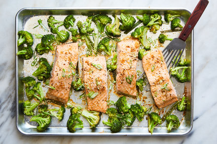 Image for Sheet-Pan Salmon and Broccoli With Sesame and Ginger