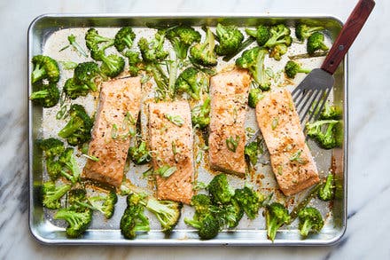 Sheet-Pan Salmon and Broccoli With Sesame and Ginger