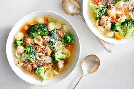 Mini Meatball Soup With Broccoli and Orecchiette