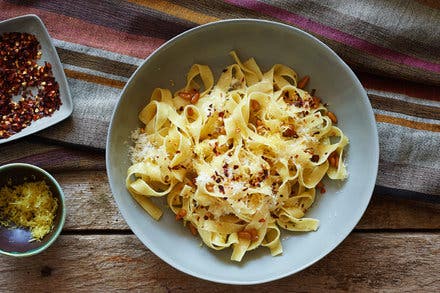 Pasta With Bacon, Cheese, Lemon and Pine Nuts