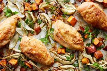 Sheet-Pan Chicken With Sweet Potatoes and Fennel