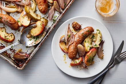 Sheet-Pan Sausages With Caramelized Shallots and Apples