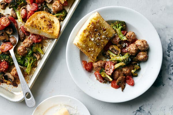 Sheet-Pan Sausage Meatballs With Tomatoes and Broccoli