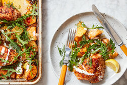 Image for Sheet-Pan Chicken With Potatoes, Arugula and Garlic Yogurt