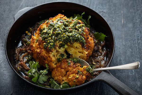 Whole Roasted Cauliflower With Pistachio Pesto