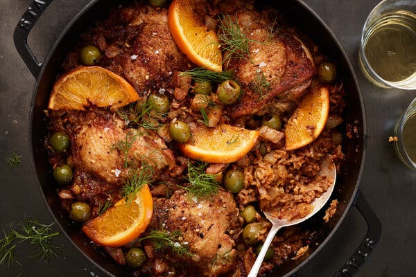 Skillet Chicken and Rice With Anchovies and Olives