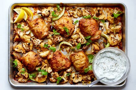 Roasted Chicken Thighs With Cauliflower and Herby Yogurt