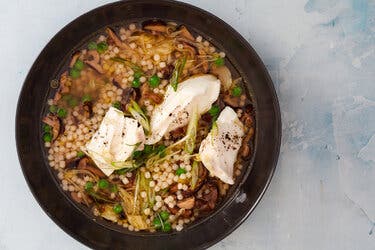 Brothy Cod With Peas and Mushrooms