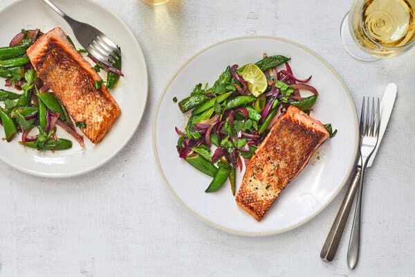 Spiced Salmon With Sugar Snap Peas and Red Onion