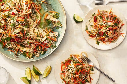 Rice Noodles With Seared Pork, Carrots and Herbs