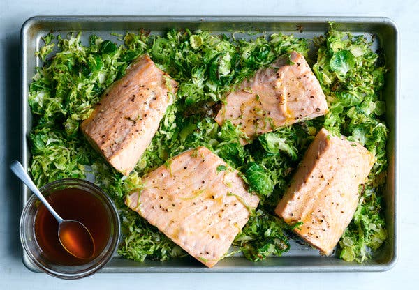 Roasted Salmon and Brussels Sprouts With Citrus-Soy Sauce