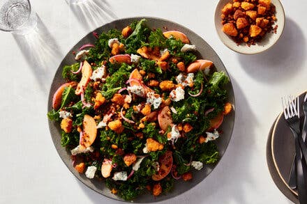 Kale Salad With Peaches and Cornbread Croutons