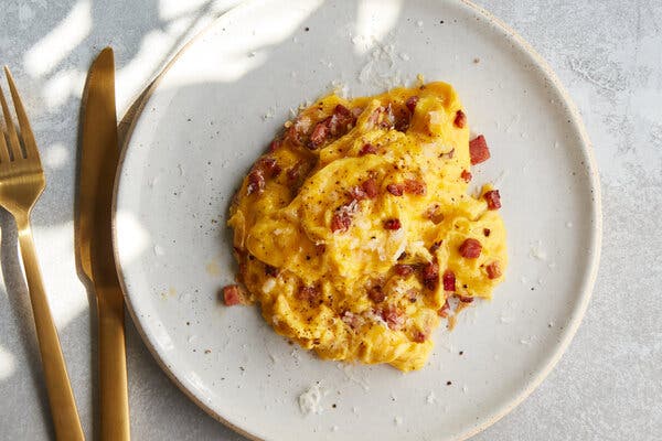 Silky Scrambled Eggs With Pancetta, Pepper and Pecorino