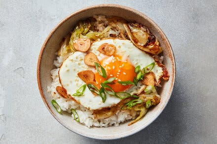 Stir-Fried Lettuce With Crispy Garlic and Fried Eggs