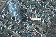 A satellite image analyzed by The Times’s Visual Investigations team shows a burning civilian home less than five miles north of Ukraine’s capital, Kyiv, on March 11.