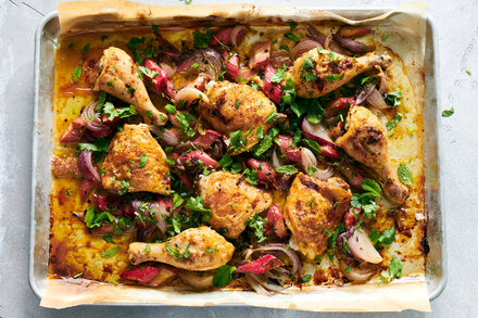 Image for Sheet-Pan Chicken With Rhubarb and Red Onion