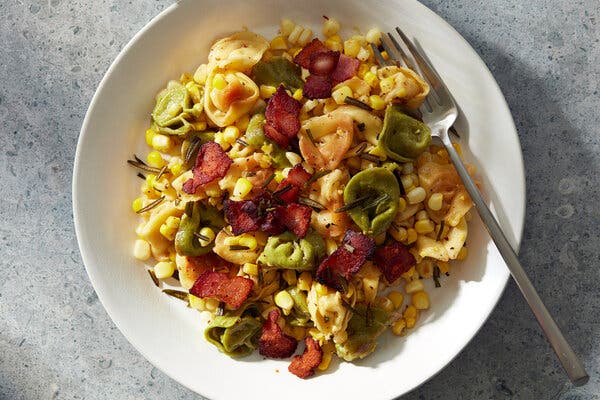 Skillet Tortellini With Corn and Crispy Rosemary