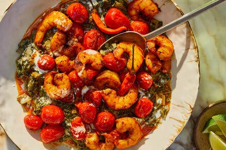 Spicy Coconut Greens With Tomatoes and Shrimp