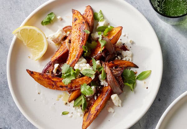 Harissa-Roasted Sweet Potatoes and Red Onion