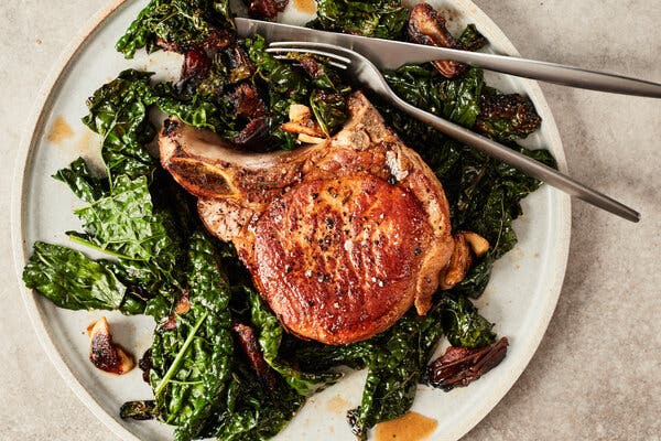 Pork Chops With Kale and Dates
