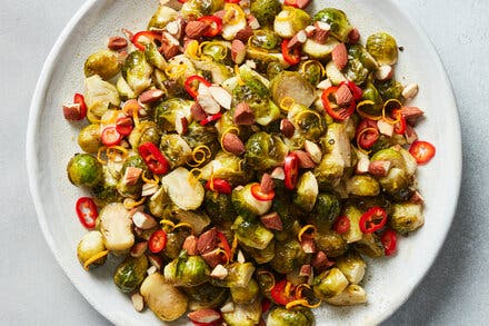 Roasted Brussels Sprouts With Honey, Almonds and Chile