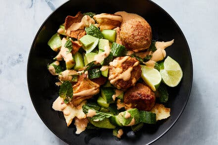Spicy Tahini Meatballs With Pita, Cucumber and Avocado