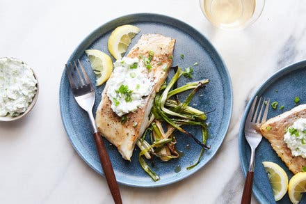 Sheet-Pan Cod and Scallions With Cucumber Yogurt