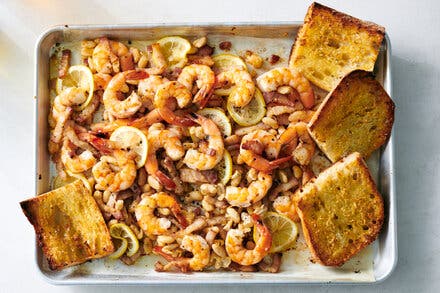 Sheet-Pan Garlicky Shrimp and White Beans