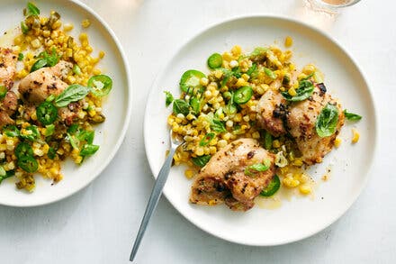 Sheet-Pan Chicken Thighs With Spicy Corn