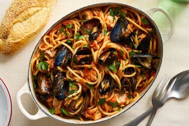 Mussels and Cod Bucatini With Spicy Tomato Sauce