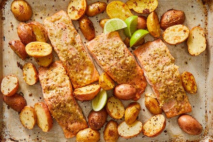 Horseradish Roasted Salmon With Mustard Potatoes