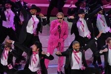 Ryan Gosling performing “I’m Just Ken” with dancers and castmates, including Simu Liu, front left, and Kingsley Ben-Adir.