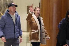 Mark Zuckerberg arriving in Seoul in February in an Overland shearling jacket 